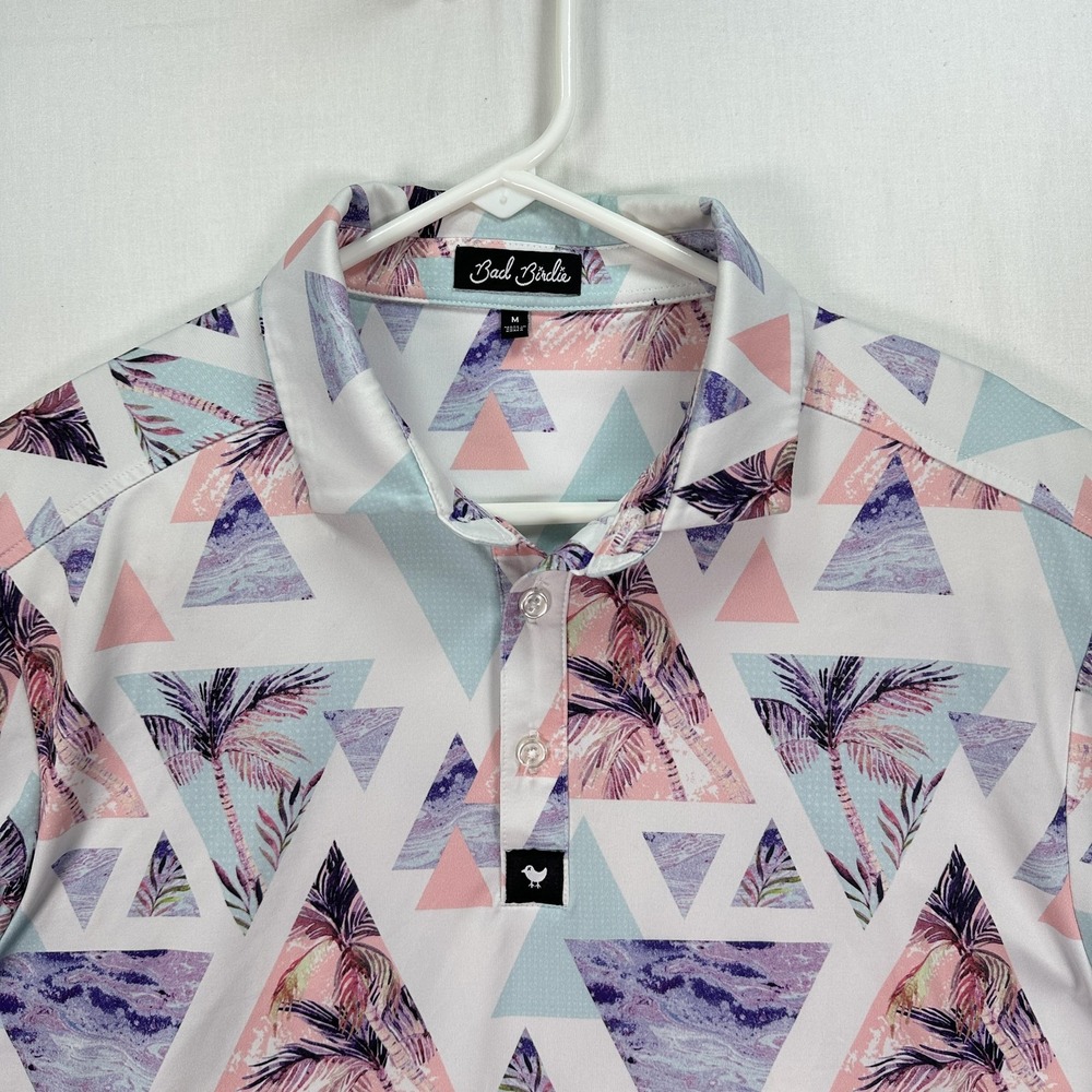 Bad Birdie Cali Golf Polo Shirt Mens Medium Pastel Triangle Palm Print Stretch